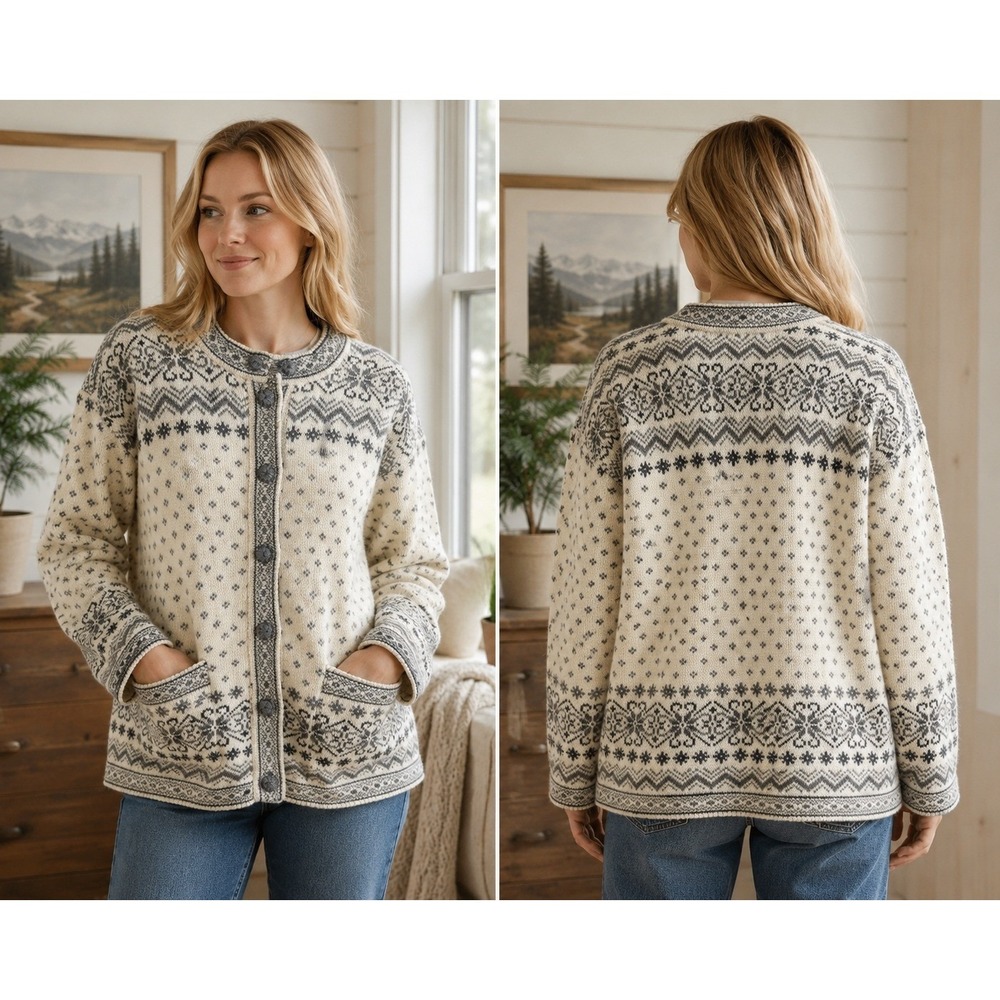 Vintage Fair Isle Nordic Knit Cardigan Sweater Cream Grey Button Front Women L